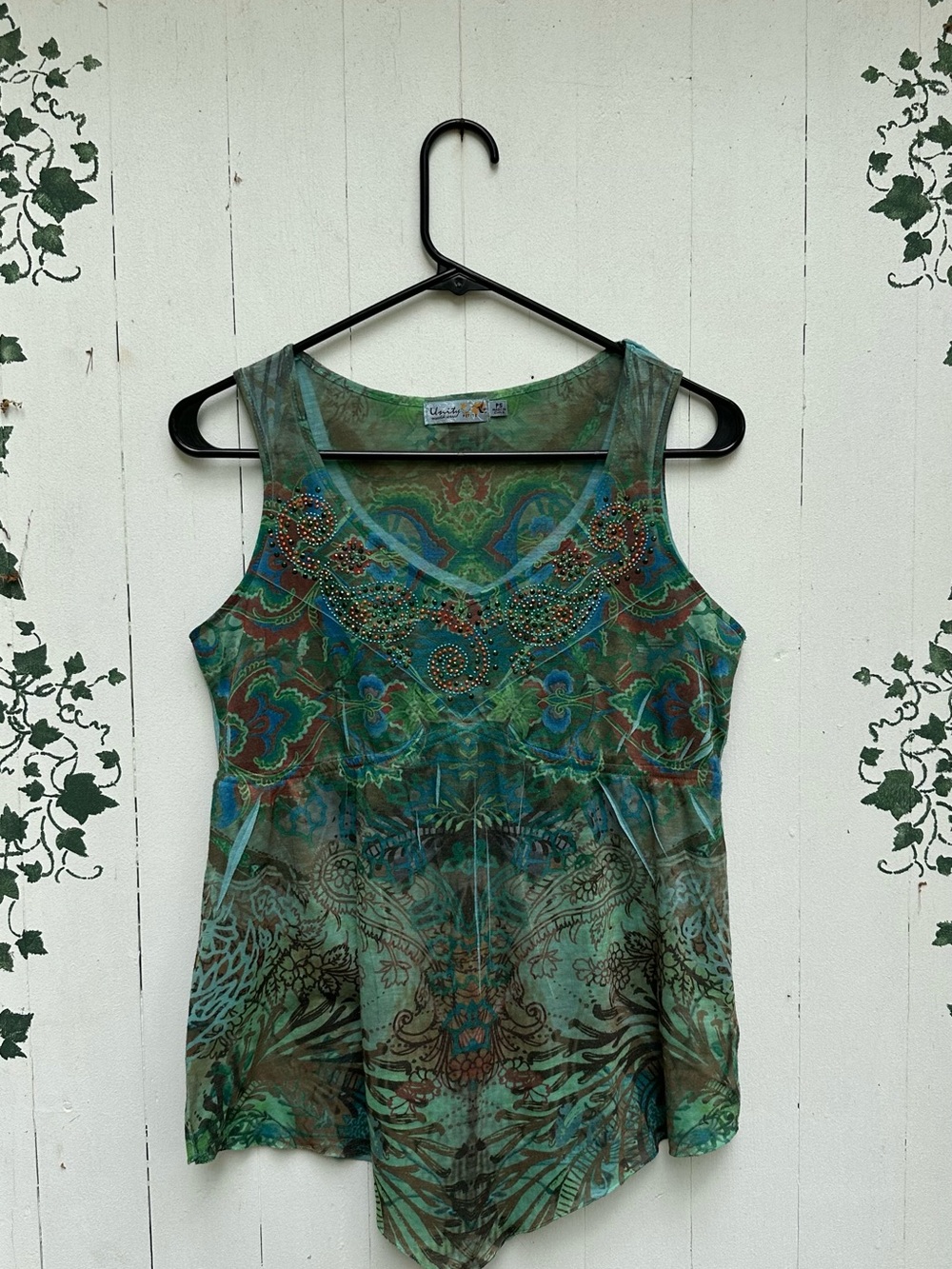 Y2K Whimsigoth Embellished Green Patterned Sleeveless Top Butterfly Cut